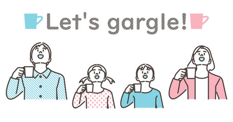 Family gargling to prevent corona infection and stay healthy [Vector illustration of upper body].