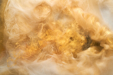 Golden sparkling abstract background, luxury white smoke, acrylic paint underwater explosion,...