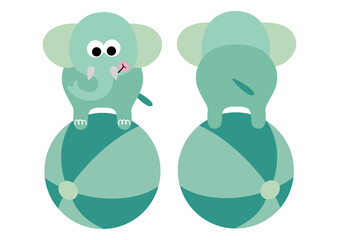 Circus elephant on top of ball on front and back position
