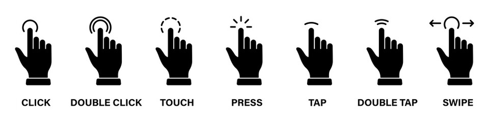 Cursor Hand Computer Mouse Silhouette Icon. Pointer Finger Black Glyph Pictogram Set. Click Press Double Tap Touch Swipe Point Gesture on Cyberspace Website Sign. Isolated Vector Illustration