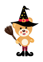 Halloween teddy bear with witch hat holding a broom