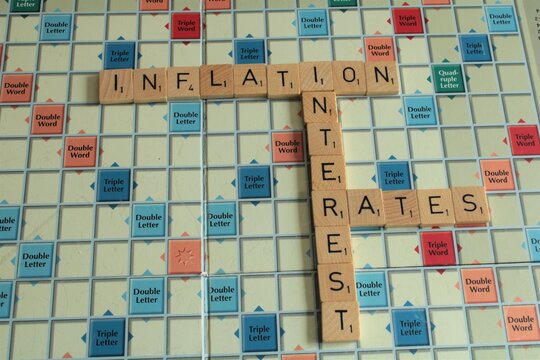 Inflation and interest rates on a scrabble board, 27-09-2022 Lancashire, UK