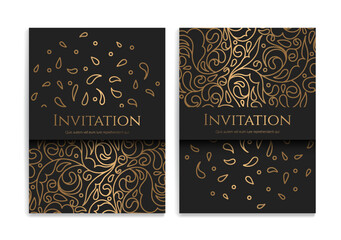 Black and gold luxury invitation card design with vector ornament pattern. Vintage template. Can be used for background and wallpaper. Elegant and classic vector elements great for decoration.