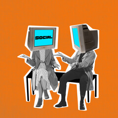 Contemporary art collage. Two people with computer monitor heads talking. Online remote...