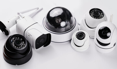 Surveillance cameras, set of different videcam, cctv cameras isolated on white background close up....