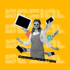 Contemporary art collage. Woman with many hands sticking out her back with different gadgets. Ways to communicate online - obrazy, fototapety, plakaty