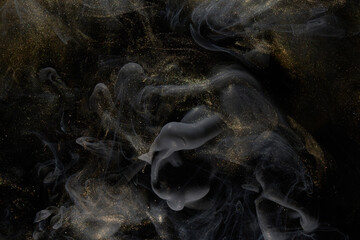 Golden sparkling abstract background, luxury black smoke, acrylic paint underwater explosion, cosmic swirling ink © amixstudio