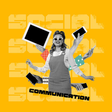 Contemporary Art Collage. Woman With Many Hands Sticking Out Her Back With Different Gadgets. Ways To Communicate Online