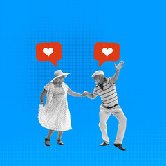 Fototapeta Contemporary art collage. Senior man and woman dancing over blue background with social media like icons above obraz