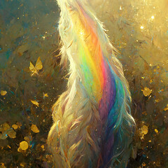 Rainbow in Unicorn tail, Colorful Digital art Illustration in golden cartoon style with sparkles.