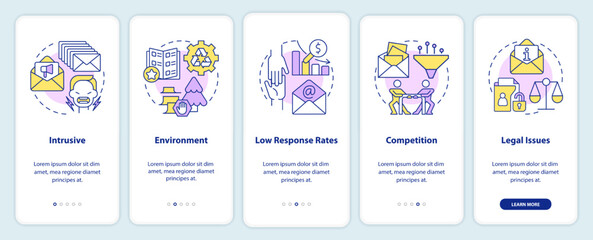 Challenges of direct marketing onboarding mobile app screen. Walkthrough 5 steps editable graphic instructions with linear concepts. UI, UX, GUI template. Myriad Pro-Bold, Regular fonts used