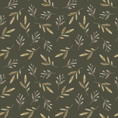 seamless pattern with autumn golden leaves on a dark green background. Used for printing wallpapers, fabrics, textiles. wrapping