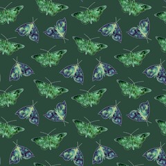 Seamless monochromatic pattern: green butterflies on a green background. Cute design for printing wrapping paper, wallpaper, textile