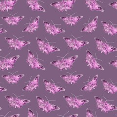 Seamless monochromatic pattern: pink butterflies on a pink background. Cute design for printing wrapping paper, wallpaper, textile
