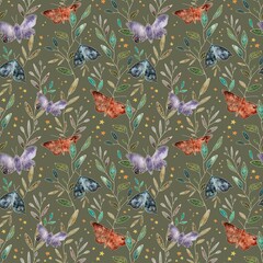 Seamless pattern with butterflies, stars and leaves. Mystical and cosmic style. Detailed repeating design. Drawn by hand. Use for printing wallpaper, wrapping paper, textiles.