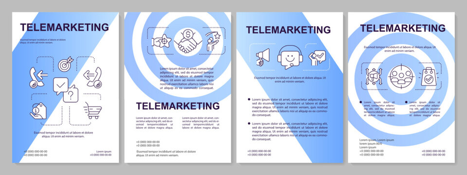 Telemarketing campaign blue brochure template. Sales with phone calls. Leaflet design with linear icons. 4 vector layouts for presentation, annual reports. Arial, Myriad Pro-Regular fonts used