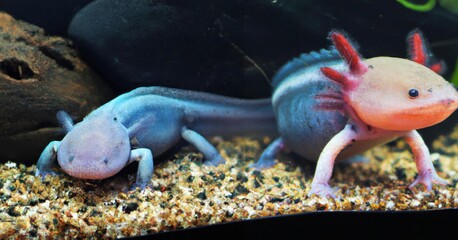 Two Axolotl Swim Close Up Portrait in Underwater Aquarium. Axolotl Mexican walking fish.
