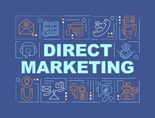 Direct marketing strategy word concepts dark blue banner. Promotion. Infographics with editable icons on color background. Isolated typography. Vector illustration with text. Arial-Black font used