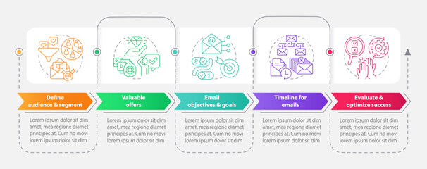 Lead nurturing campaign rectangle infographic template. Contacts. Data visualization with 5 steps. Editable timeline info chart. Workflow layout with line icons. Myriad Pro-Bold, Regular fonts used
