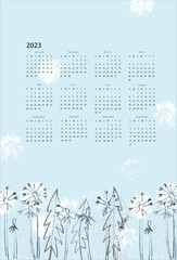 Fototapeta na wymiar Calendar vector template for year 2023 with hand drawn fluffy dandelion flowers on light blue background. Modern floral design