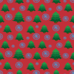 Christmas tree pattern on a red background with snowflakes. for wrapping paper. Vector.