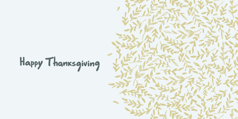 Happy Thanksgiving card design. Hand-lettered greeting phrase, decoration with autumn leaves, berries, strobiles, oak acorns on light-blue background