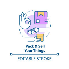 Manage belongings concept icon. Yard sale. Pack and sell your things abstract idea thin line illustration. Isolated outline drawing. Editable stroke. Arial, Myriad Pro-Bold fonts used