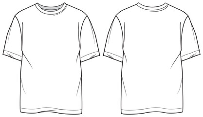 mens short sleeve crew neck t shirt flat sketch vector illustration front and back view technical drawing template. cad mockup. - obrazy, fototapety, plakaty