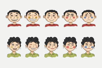 Man and woman with different facial expressions set isolated vector illustration