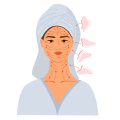 Facial massage. Female face with lines for massage with gua sha scraper. Massage guasha, cream and vacuum cans. Facial skin and youth care. Hand drawn vector illustration