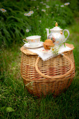 tea party with cookies in a basket, picnic in the field

 