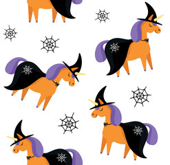 Vector seamless pattern of flat hand drawn Halloween witch unicorn isolated on white background