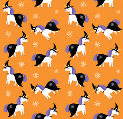 Vector seamless pattern of flat hand drawn Halloween witch unicorn isolated on orange background