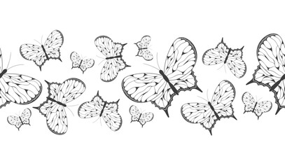 Seamless border banner with abstract black silhouette of cute flying butterflies isolated on white background for decorative tape