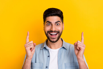 Closeup photo of young student guy surprised showing happiness taxfree opened shopping isolated on...