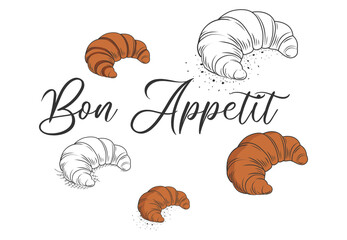  Bon appetit. Croissant. Fresh baking, for menu, cafe, bakery, logo, color and black and white illustration. delicious bread croissant bakery