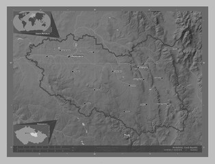 Fototapeta premium Pardubicky, Czech Republic. Grayscale. Labelled points of cities
