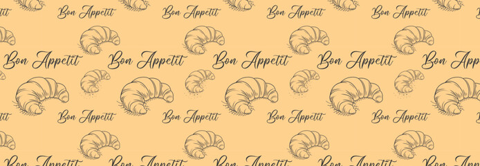 seamless pattern with bon appetit. Croissant. Fresh baking, for menu, cafe, bakery, logo, color and black and white illustration. delicious bread croissant bakery