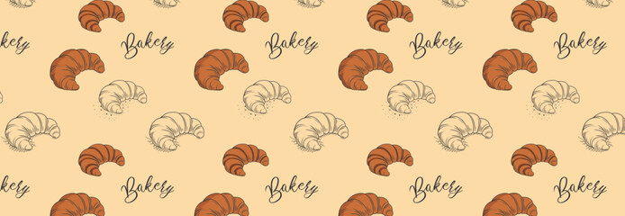 seamless pattern with Bakery shop. Croissant. Fresh baking, for menu, cafe, bakery, logo, color and black and white illustration. delicious bread croissant bakery
