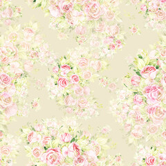 Obraz na płótnie Canvas Floral seamless print bouquets of tender roses. Abstract seamless floral print painted rose bouquets.