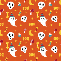 Halloween Pattern with Spooky ghost and bone. Seamless with skull, Boo and candy for party. Orange wrapping paper with cute, funny chatacters for Halloween