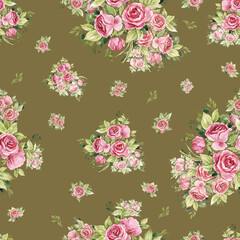  Floral seamless print bouquets of tender roses.  Abstract seamless floral print painted rose bouquets.