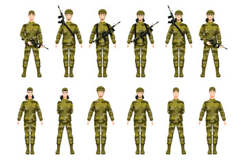 Set of soldiers, officers wearing military uniform.  Man and woman in the army. Flat vector illustration.