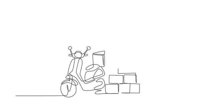 Self drawing animation of single one line draw giant monitor standing in front of courier scooter and pile of package boxes. Online delivery service concept. Continuous line draw. Full length animated