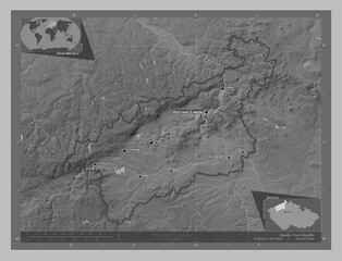 Ustecky, Czech Republic. Grayscale. Labelled points of cities