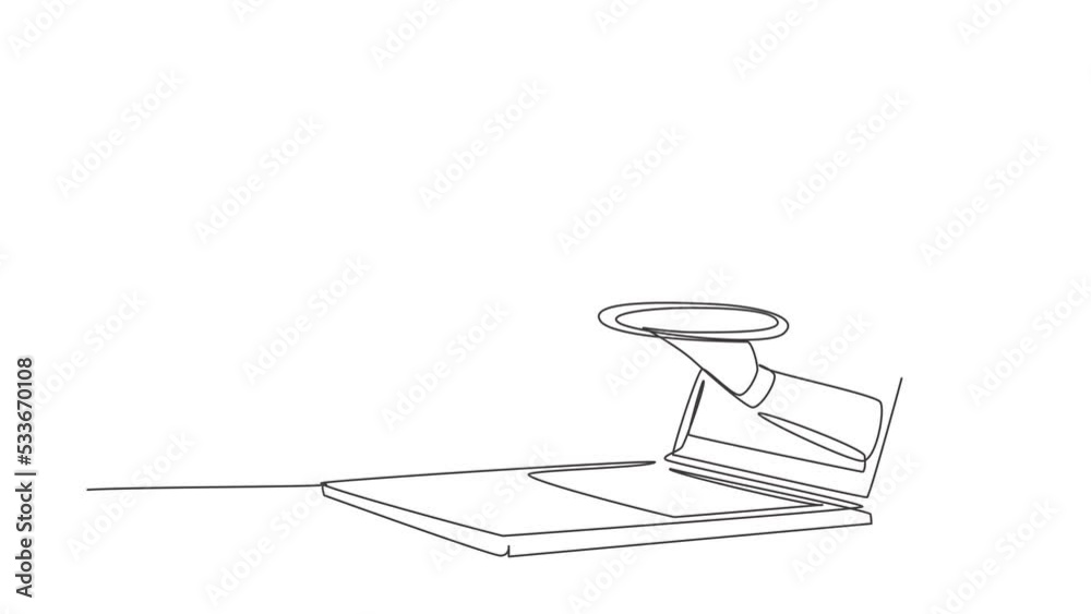 Poster animated self drawing of continuous line draw hands out of laptop screen with tray open to serve foo
