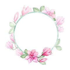 Beautiful round frame with blooming magnolia - 533670168