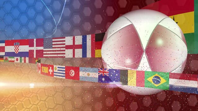 A spinning football with a background of the participating world cup nations, Qatar 2022.