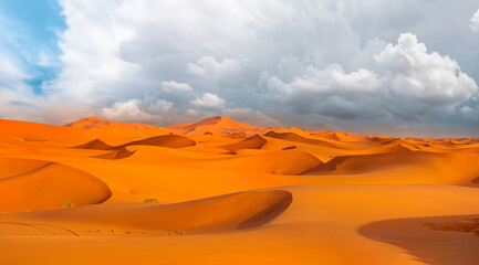 Fototapeta na wymiar Beautiful sand dunes in the Sahara desert with amazing stormy clouds - Sahara, Morocco