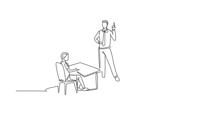 Animated self drawing of continuous one line draw male teacher teaching male junior high school student who sits on bench around desk and studies on smartphone. Full length single line animation.